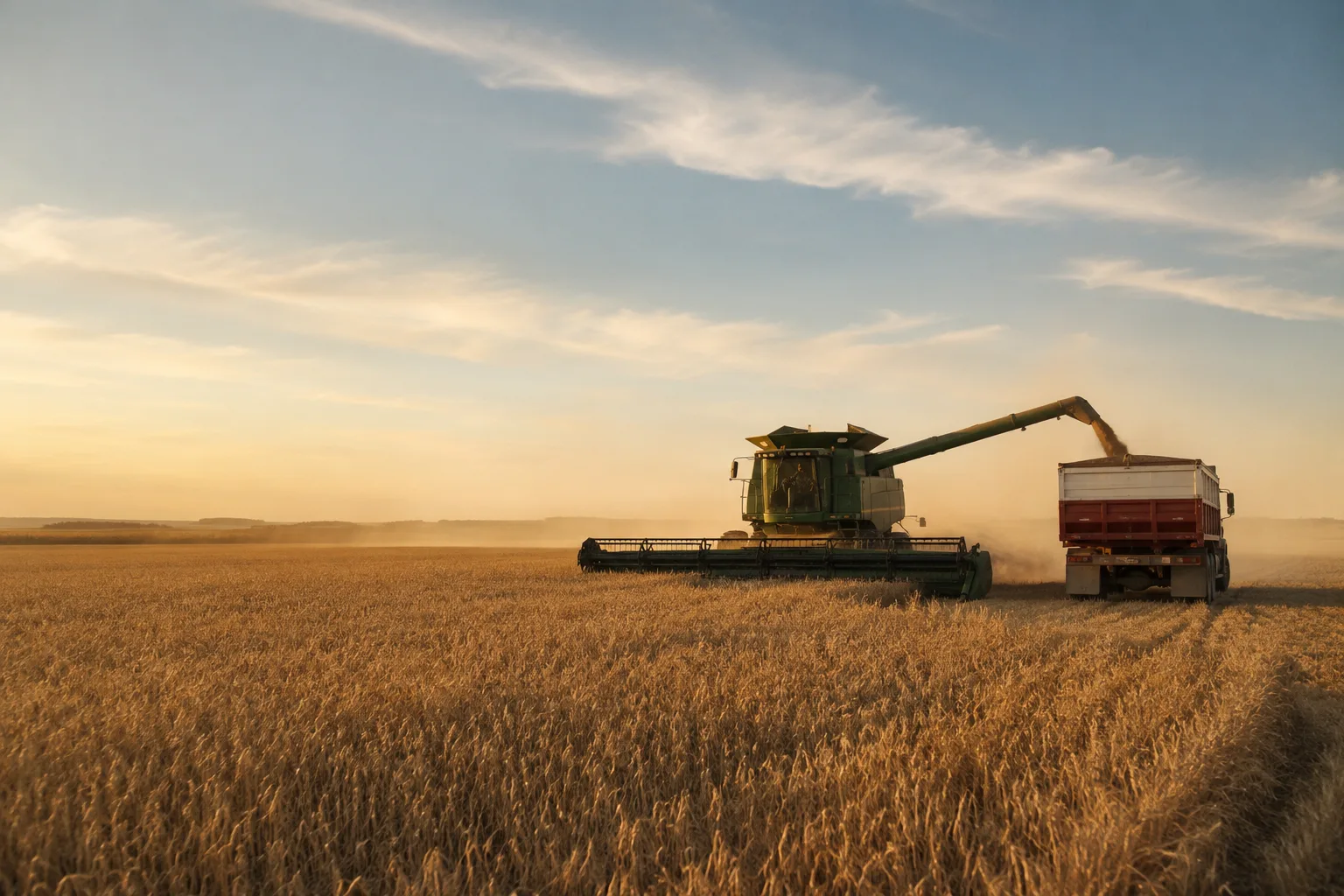A combine unloading grain during harvest across an open Plains field at sunset.