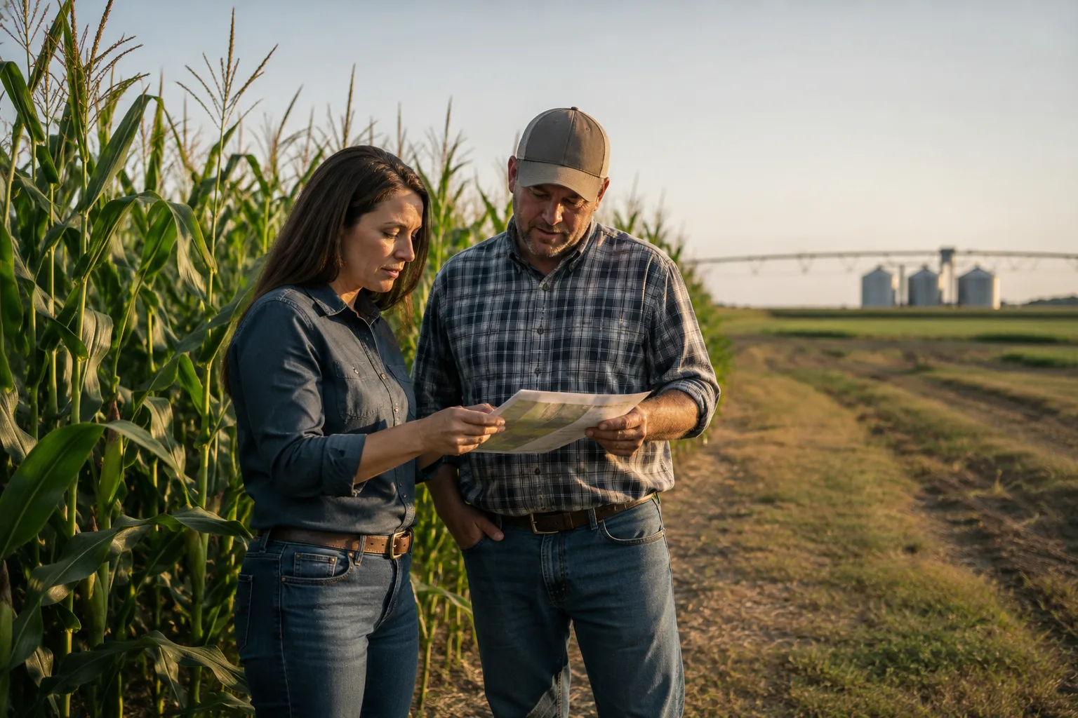 A Federal Crop Agency representative and a producer reviewing field plans beside a corn crop at sundown.