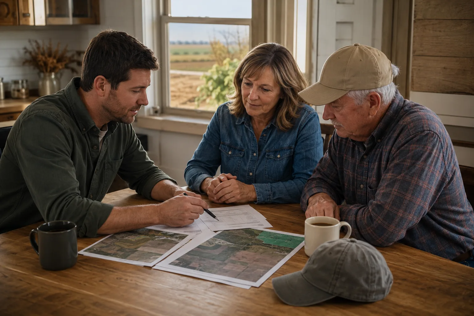 A Federal Crop Agency representative reviewing maps and planning documents around a table with a farm family.