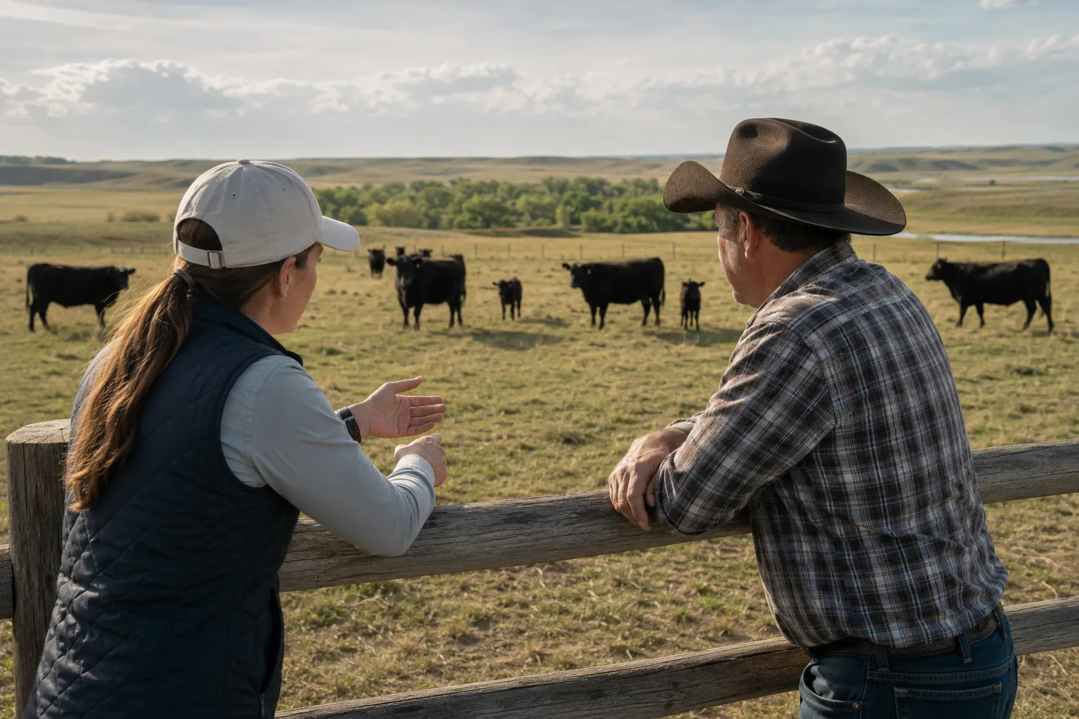 A Federal Crop Agency representative talking with a rancher while cattle graze on open pasture.