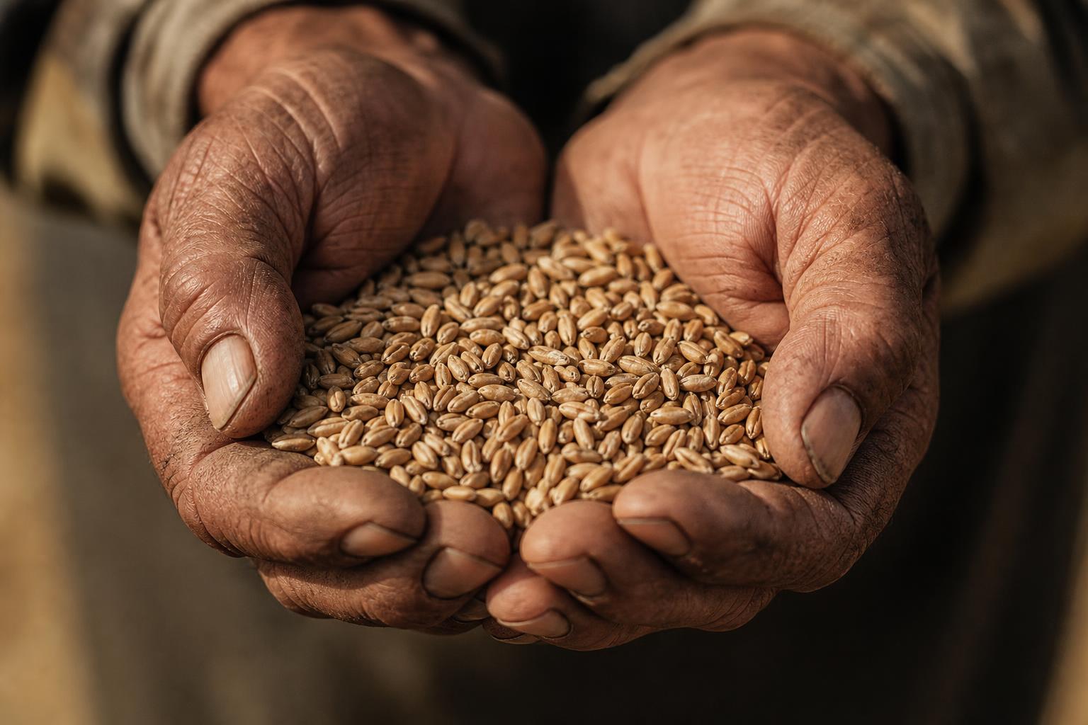 Weathered farmer's hands cupping fresh wheat grain