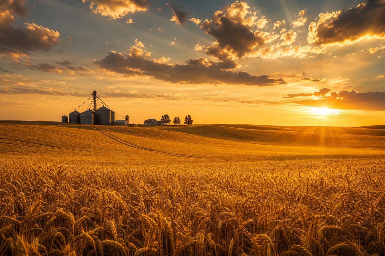 Golden wheat fields at sunset under dramatic plains sky